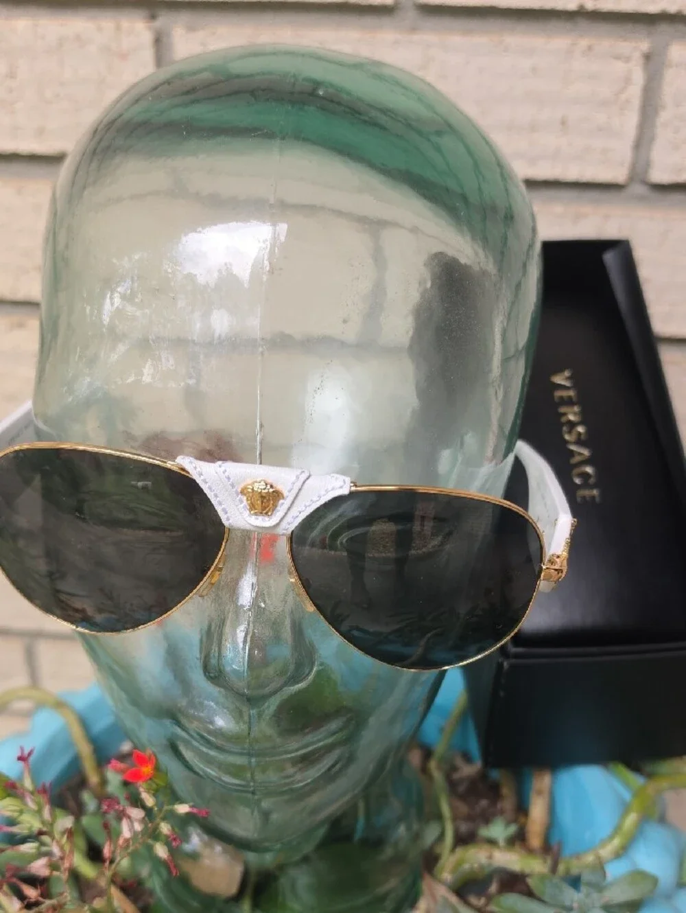 Versace Gold Frame Sunglasses with White Brow and Dark Lenses